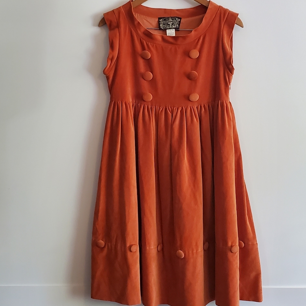 Anthropologie Orange Sleeveless Button-Front Velvet Dress